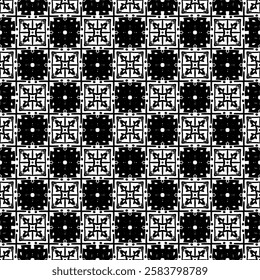 Seamless black and white geometric pattern with hand-drawn ornamental details. This bold, symmetrical tile design features alternating squares with floral and decorative elements