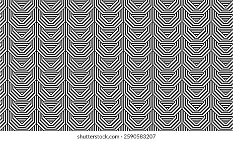 Seamless black and white geometric pattern with nested chevron shapes creating a striking optical illusion