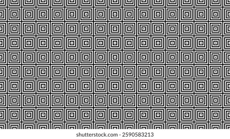 Seamless black and white geometric pattern with nested squares creating an optical illusion effect