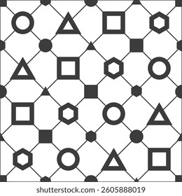 A seamless black and white geometric pattern featuring assorted shapes—circles, triangles, squares, and hexagons—randomly arranged on a diamond grid for a modern abstract look.
