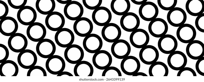 A seamless black and white geometric pattern featuring overlapping bold black circles arranged diagonally. The repetitive and rhythmic layout creates a modern, abstract, and slightly optical illusion.
