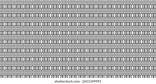Seamless black and white geometric pattern with retro tech elements resembling cassette tapes and control panels. Perfect for modern or vintage-themed backgrounds.
