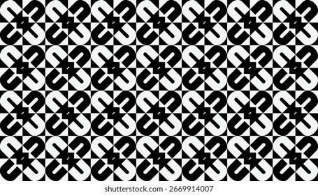 Um padrão geométrico preto e branco sem costura apresentando formas florais abstratas e arrojadas com um efeito de ilusão óptica moderna. Perfeito para têxteis, papéis de parede, embalagens e fundos digitais