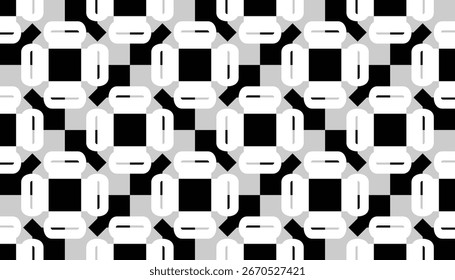 Seamless black and white geometric pattern with abstract square and capsule shapes