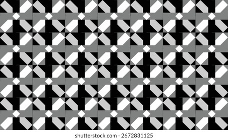 Seamless black and white geometric pattern with abstract star and windmill shapes in a modern minimalist style