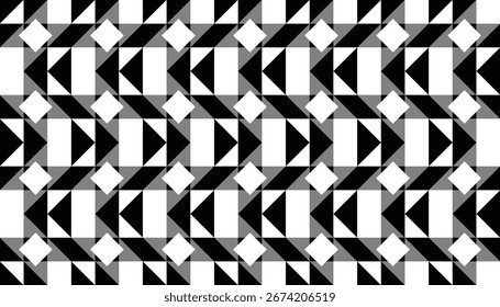 Seamless black and white geometric pattern with diamond and triangle motifs creating optical illusion effect