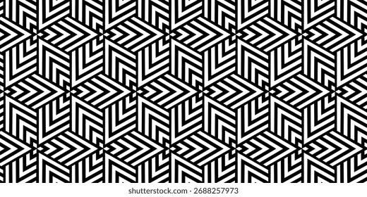 Seamless black and white geometric pattern with diagonal lines creating modern abstract shapes.