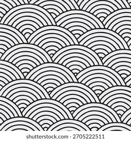 Nahtloses geometrisches Schwarz-Weiß-Muster überlappender konzentrischer Bögen, das an Schuppen oder Wellen erinnert.