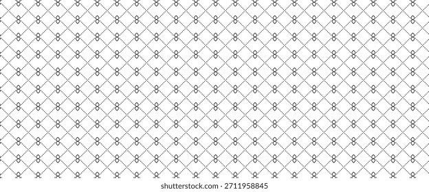 Un patrón geométrico blanco y negro sin fisuras con Formas de diamantes punteadas y Pequeños motivos de líneas circulares.