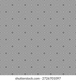 A seamless black and white geometric pattern featuring intricate diamond shapes with repeating lines, creating a visually appealing and modern design.