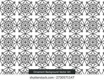 Padrão geométrico preto e branco sem costura com motivos intrincados semelhantes a estrelas formando uma arte vetorial de fundo ornamental.