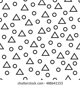 Seamless black and white geometric pattern with thin line randomly arranged triangles and rings on white background. Abstract geometrical background of triangle, circle. Vector illustration.