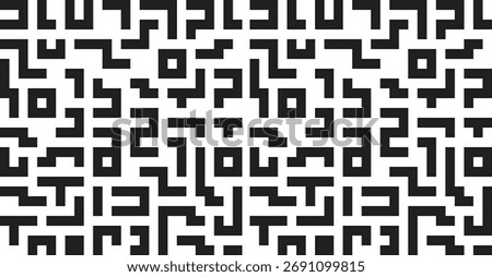 A seamless black and white geometric pattern with a maze-like, pixelated design. The abstract shapes create a sense of complexity and visual intrigue.