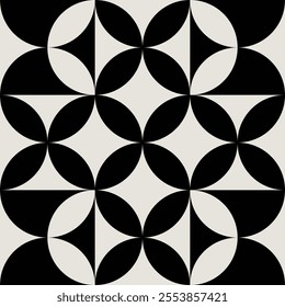 Seamless black and white geometric retro floral pattern. Repeated and decorative design that can be used for packaging, decorating, interior design, wallpapers, banners, and more.