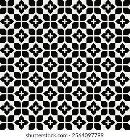 Seamless black and white geometric retro floral pattern. Repeated and decorative design that can be used for packaging, decorating, interior design, wallpapers, banners, and more.