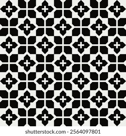 Seamless black and white geometric retro floral pattern. Repeated and decorative design that can be used for packaging, decorating, interior design, wallpapers, banners, and more.