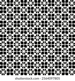 Seamless black and white geometric retro floral pattern. Repeated and decorative design that can be used for packaging, decorating, interior design, wallpapers, banners, and more.