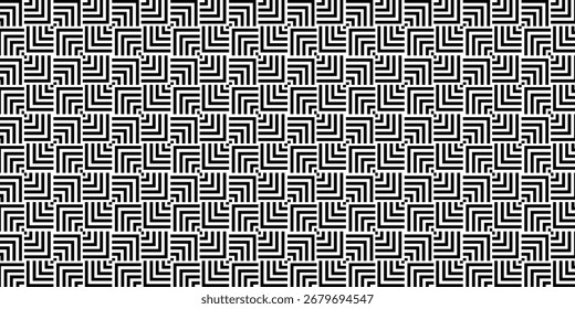 Seamless black and white geometric square pattern with abstract line design.