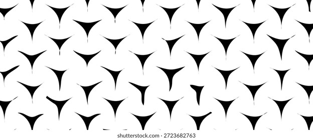 Fundo de vetor geométrico preto e branco contínuo com repetição de formas de estrelas curvas em uma tesselação limpa e moderna, ideal para padrões mínimos, têxteis e designs contemporâneos.