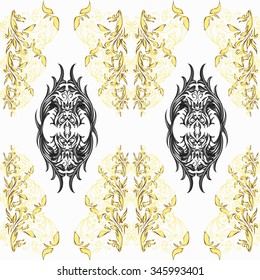 Seamless black, white and golden pattern. Ethnic henna hand drawn background for coloring book, textile or wrapping.