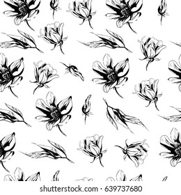 Seamless black and white graphic linear pattern with flowers and vanilla leaves. Vector illustration. On a light background. 