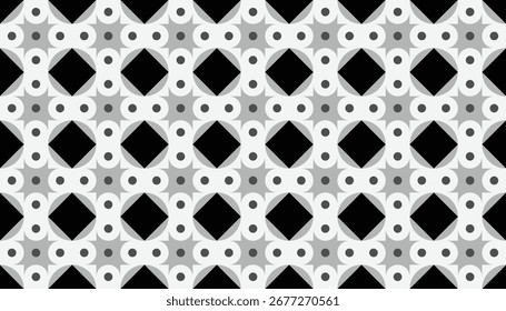 Seamless black, white, and gray geometric pattern with diamond shapes and circular accents, perfect for modern and minimalist designs