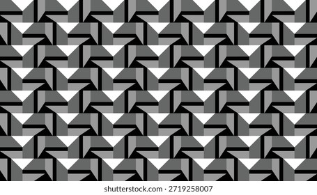 Seamless black, white, and gray geometric pattern with interlocking 3D-style rectangular shapes creating a modern optical illusion background