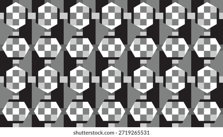 Patrón geométrico negro, blanco y gris sin fisuras con Formas octogonales repetitivas con centros de tablero de ajedrez en un diseño abstracto moderno