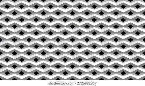 Patrón geométrico en zigzag de chevron negro, blanco y gris sin costuras con ondas de ilusión óptica que parecen brillar y cambiar.