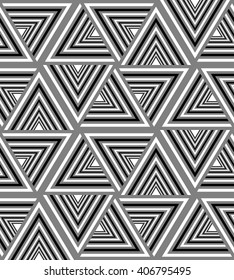 Seamless Black, White and Grey Striped Triangle Pattern. Visual Volume Effect.  Polygonal Geometric Abstract Background. Suitable for textile, fabric, packaging and web design. Vector Illustration.