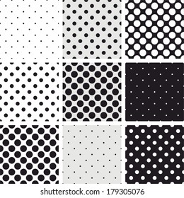 Seamless black, white and grey vector pattern or background set with big and small polka dots. For desktop wallpaper and website design.