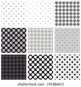 Seamless black, white and grey vector pattern or tile background set with big and small polka dots and houndstooth tartan.