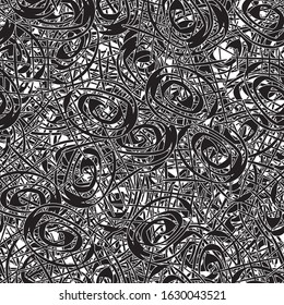 Seamless black and white grunge background. Abstract repeating texture of elements. Template to create your own design and print. Chaotic retro backdrop