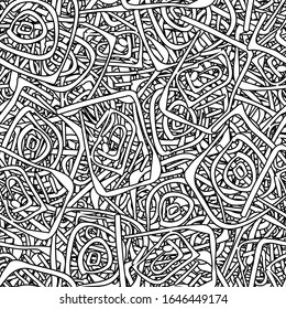 Seamless black and white grunge background. Abstract repeating texture of elements. Template to create your own design and print. Chaotic retro backdrop