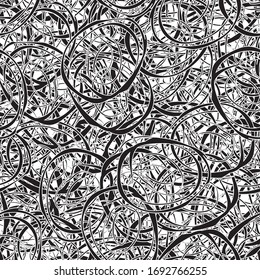 Seamless black and white grunge background. Abstract repeating texture of elements. Template to create your own design and print. Chaotic retro backdrop