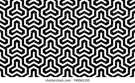 Seamless black and white grunge isometric hexagonal symmetry medieval pattern vector