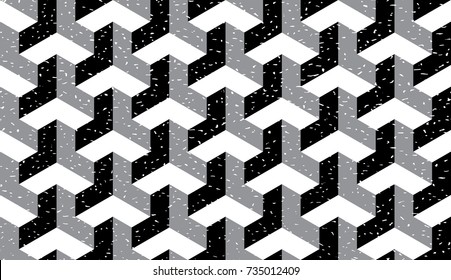 Seamless black and white grunge op art trilateral hexagonal pattern vector