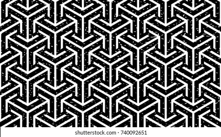 Seamless black and white grunge trilateral arrows isometric pattern vector