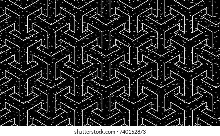 Seamless black and white grunge trilateral outline arrows isometric pattern vector
