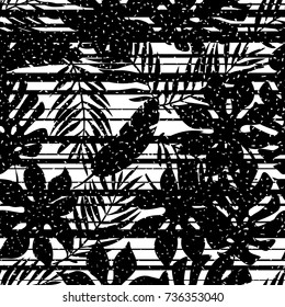 Seamless blanco y negro grunge varias hojas tropicales con Horizontal patrón de rayas glitch Vector