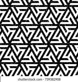Seamless black and white grunge vintage tribal hexagonal symmetry triangular revolving symbols pattern vector
