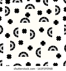 Seamless black and white half circle and cross shape pattern. Geometric elements repeat background.