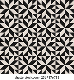 Seamless black and white half square triangle geometric floral pattern. Repeated and decorative design that can be used for packaging, decorating, interior design, wallpapers, textiles and more.