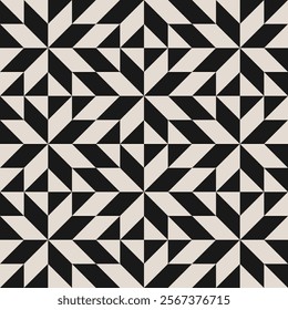 Seamless black and white half square triangle geometric floral pattern. Repeated and decorative design that can be used for packaging, decorating, interior design, wallpapers, textiles and more.