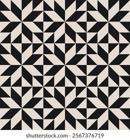 Seamless black and white half square triangle geometric floral pattern. Repeated and decorative design that can be used for packaging, decorating, interior design, wallpapers, textiles and more.