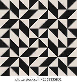 Seamless black and white half square triangle pattern. Repeated and decorative design that can be used for packaging, decorating, interior design, textiles and more.