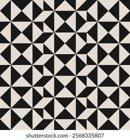 Seamless black and white half square triangle pattern. Repeated and decorative design that can be used for packaging, decorating, interior design, textiles and more.