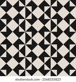 Seamless black and white half square triangle pattern. Repeated and decorative design that can be used for packaging, decorating, interior design, textiles and more.