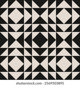 Seamless black and white half square triangle pattern. Repeated and decorative design that can be used for packaging, decorating, interior design, textiles and more. 
