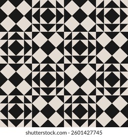 Seamless black and white half square triangle pattern. Repeated and decorative design that can be used for packaging, decorating, interior design, textiles and more.